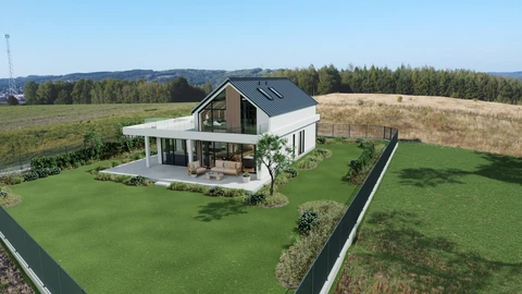 Concept visualisation: House and garden from the kitchen side