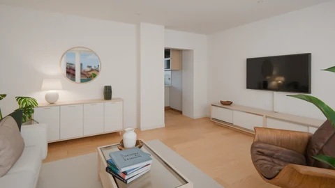 Sanok, Posada, ul. Wolna — Concept visualisations — Concept visualisation — Living room — TV area and kitchen passage, photo 2 of 18